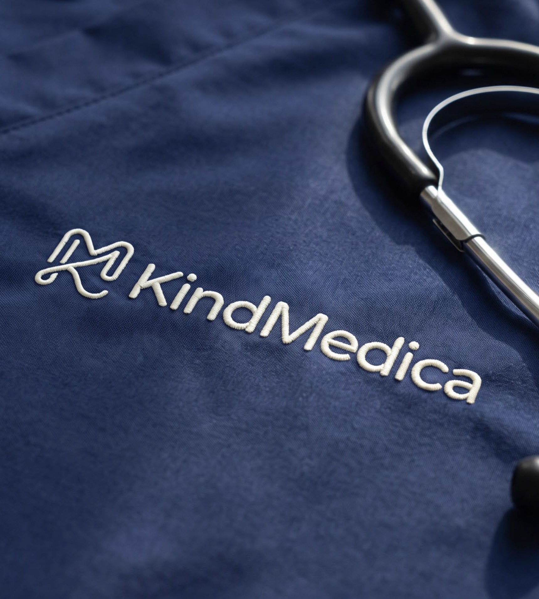 Uniformă medicală KindMedica brodată cu sigla clinicii, alături de un stetoscop
