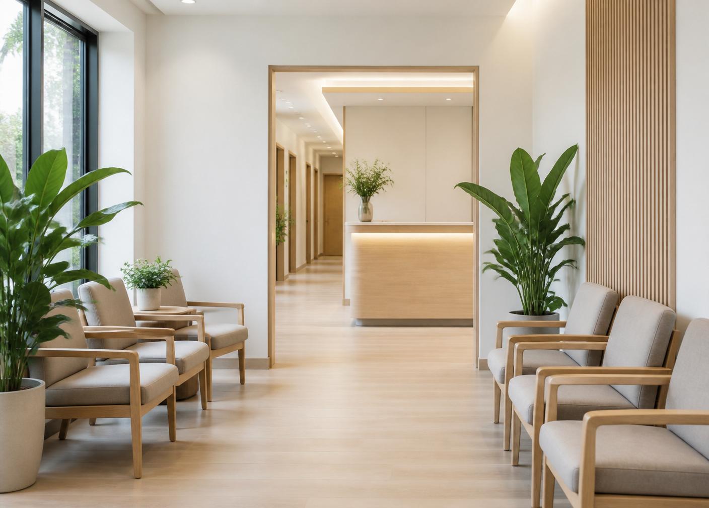 Interiorul clinicii KindMedica din Brașov, spațiu luminos cu lemn natural și plante